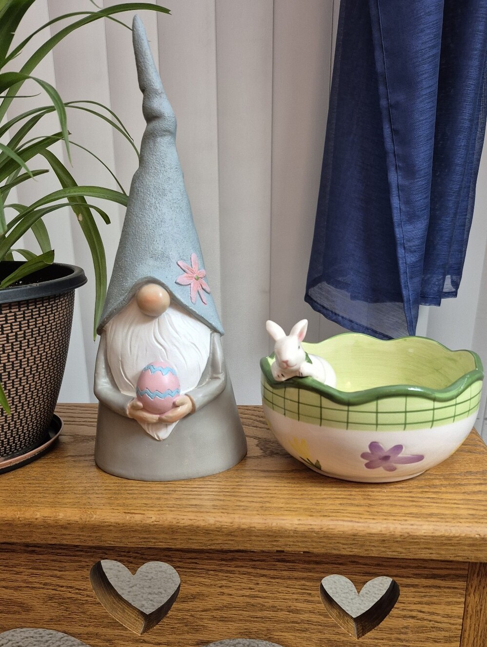 Easter Gnome Figurine with Ceramic Bunny Basket. BOTH NEW W/O TAGS